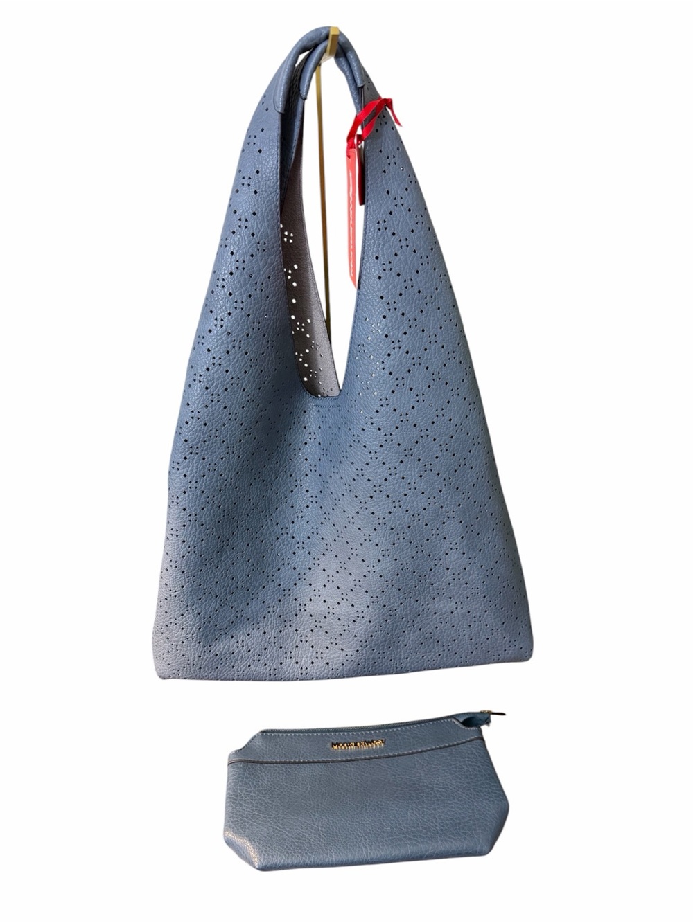 Montana West Slate Blue Perforated Vegan Leather Hobo Bag with Matching Pouch